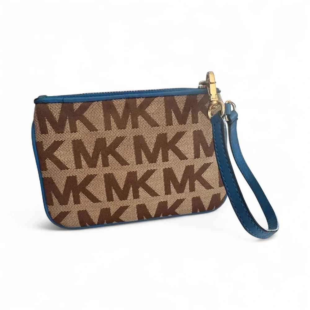 Michael Kors Tan and Blue Logo Wristlet